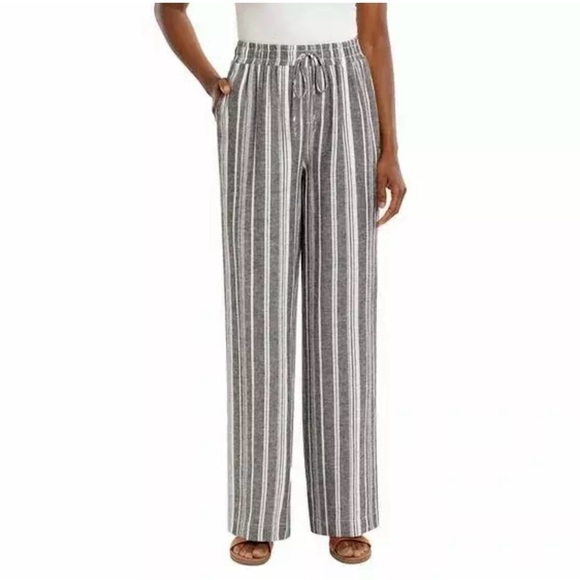 NWT Briggs Linen Blend Wide Leg Grey White Stripe Pull On Pants Women's Size XL - Picture 1 of 10